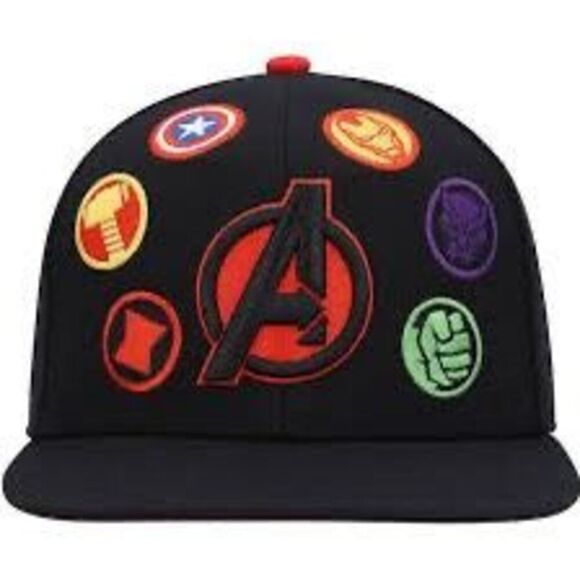 Marvel Avengers All Over Logos Flat Bill Cap Snapback Hat Comic Superheroes - Picture 1 of 6